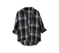 FNKDOR Plaid Button Down Shirt Women| Women's Long Sleeve Button Down Flannel Checked Shirts Ladies Classic Check Blouses Basic Loose Lightweight Boyfriend Blouse Top (Black, S)