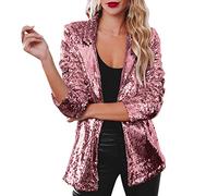 FNKDOR Sequin Jacket Blazers for Women UK Solid Color Goth Special Occasions Fitted Bomber Jacket Lightweight Wedding Tops Concert Outfit Party Suit Long Sleeve Open Front Cardigan(A1-Hot Pink,XL)