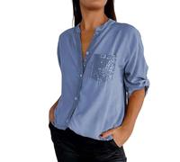 FNKDOR Sequin Shirt Women Button Down Longline Cotton Open Front Shirts Summer Long Sleeve Party Lapel Shiny Sparkly Evening Top V-Neck Solid Color Plus Size Glitter Blouse with Pockets (A1-Blue, S)