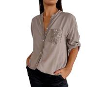 FNKDOR Sequin Shirt Women Button Down Longline Cotton Open Front Shirts Summer Long Sleeve Party Lapel Shiny Sparkly Evening Top V-Neck Solid Color Plus Size Glitter Blouse with Pockets (A1-Khaki, S)