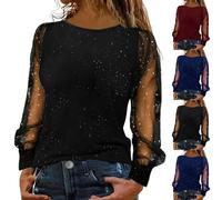 FNKDOR Sparkly Tops for Women UK Party Wear Lace Mesh Sheer Long Sleeve Top Elegant Dressy Sequin Top Crew Neck Blouse Trendy Casual Glitter T Shirt Baggy Tunic Tee Shirts Plus Size (A1-Black, XXXXXL)