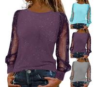 FNKDOR Sparkly Tops for Women UK Party Wear Lace Mesh Sheer Long Sleeve Top Elegant Dressy Sequin Top Crew Neck Blouse Trendy Casual Glitter T Shirt Baggy Tunic Tee Shirts Plus Size (A2-Purple, XXXXL)