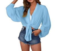 FNKDOR Summer Cardigans for Women UK Lightweight Knot Shirts Tie Front Beach Cover Up Chiffon Kimono Bolero Crop Top Soft Swimming Bikini Bathing Suit Shawl Wraps Tee Long Sleeve Shirt (Sky Blue, XL)