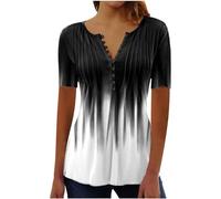 FNKDOR Summer Short Sleeved Top for Women UK Button Down V Neck Boho Print Tunic Top Plus Size Pleated Tshirt Lightweight Outfits Elegant Floral Blouse Long Tops to Wear with Leggings(A1-Black, XXL)