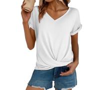 FNKDOR Summer T Shirt for Women UK Solid Color Short Sleeve Tunic Tops Top with A Front Crossover Hem Design Knotted Front Baggy V Neck Casual Tee Crossover Detail Breathable Blouse (White, XL)