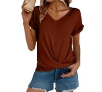 FNKDOR Summer T Shirt for Women UK Solid Color Short Sleeve Tunic Tops Top with A Front Crossover Hem Design Knotted Front Baggy V Neck Casual Tee Crossover Detail Breathable Blouse (Brown, L)