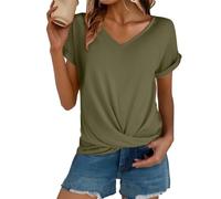 FNKDOR Summer T Shirt for Women UK Solid Color Short Sleeve Tunic Tops Top with A Front Crossover Hem Design Knotted Front Baggy V Neck Casual Tee Crossover Detail Breathable Blouse (GN2, L)
