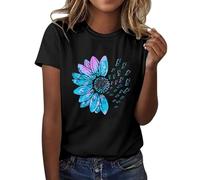 FNKDOR Summer T-Shirts for Women Short Sleeve Sunflower Wildflower Graphic Printing Tee Funny Holiday Floral Girl Pullover Ladies Round Neck Solid Color Fashion Baggy Tee Tops (A1-Black, M)