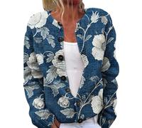 FNKDOR Ugly Button Down Cardigans for Women | Women's Plus Size Ribbed Cuffs Knit Cropped Cardigan Ladies Long Sleeve Crew Neck Sweaters Art Floral Print Autumn Winter Lightweight Jackets (Blue, M)
