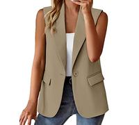 FNKDOR Waistcoat Women Long Sleeveless Cardigan for Women UK Women's Waistcoats Blazer Ladies Office Fully Lined One Button Top Jacket Vest with Pocket(Khaki,XXL)