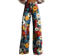 FNKDOR Wide Leg Jeans for Women UK High Waist Flower Print Flared Jeans Patterned Pants Lightweight Loose Fit Vintage 70S Retro Colorful Denim Trousers Imitation Lifting Washed Denim Jeans(A2-Blue,L)