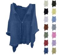 FNKDOR Women Linen Shirt Solid Color Button Cardigan Elegant Summer Long Sleeve Tunic Tops Comfortable Breathable Cotton Linen Casual Lightweight Muslin Blouse Going Out Pullover (A2-Blue, XXXL)