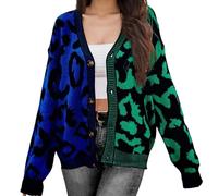 FNKDOR Women Oversized Knitted Cardigan Color Block Multi-Coloured Leopard Print Sweater Tops Long Sleeve V Neck Open Front Button Down Knitwear Lightweight Holiday Outwear Knit Jumpers (Green, XL)