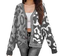 FNKDOR Women Oversized Knitted Cardigan Color Block Multi-Coloured Leopard Print Sweater Tops Long Sleeve V Neck Open Front Button Down Knitwear Lightweight Holiday Outwear Knit Jumpers (Grey, XL)