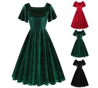 FNKDOR Women Sparkly Square Neck Velvet Stretchy Long Pirate Dress 80s Vintage Fancy Green Sequin Skirt Pleated Swing Party Glitter Dresses Ladies Short Sleeve Elegant Wedding Guest Gown(Green,S)