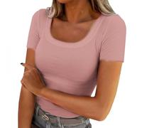FNKDOR Women Summer Short Sleeve Tops Square Neck Ribbed Knit Slim Fitted Basic Shirts Casual Tee T-Shirt Ladies Solid Color Summer Tee Shirt Trendy Comfortable Crinkle Cotton Blouse Elegant