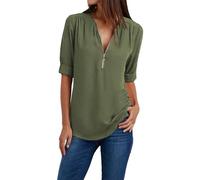 FNKDOR Women Tops and Blouses Rollable Middle Sleeve Summer Basic T Shirts Zip Casual V-Neck Blouse Tunic Tops Comfortable Longline Loose Pleated Plain Streetwear Longshirts Plus Size (Mint Green, S)
