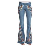 FNKDOR Women Vintage Jeans Embroidery Flared Button High Waist Bell Bottom Denim Pants Full Length Skinny Fit Slim Retro Jeans