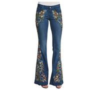 FNKDOR Women Vintage Jeans Embroidery Flared Button High Waist Bell Bottom Denim Pants Full Length Skinny Fit Slim Retro Jeans