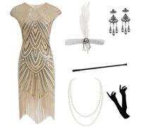 FNKDOR Women's 1920S Sequin Beaded Fringed Flapper Dress with 20S Accessories Set Roaring 20'S Theme Set with Sequin Fringed Dress 1920S Headband Flapper Dresses for Women(Beige,M)