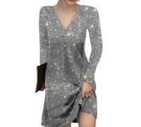 FNKDOR Women's Bodycon Mini Dress Solid Color Long Sleeved Sequined Medium Ladies Winter Carnival Sparkly Elegant Tight Short Wrap Pencil Dresses Length Dress V Neck Shiny Dress