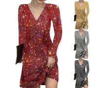 FNKDOR Women's Bodycon Mini Dress Solid Color Long Sleeved Sequined Medium Ladies Winter Carnival Sparkly Elegant Tight Short Wrap Pencil Dresses Length Dress V Neck Shiny Dress