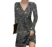 FNKDOR Women's Bodycon Mini Dress Solid Color Long Sleeved Sequined Medium Ladies Winter Carnival Sparkly Elegant Tight Short Wrap Pencil Dresses Length Dress V Neck Shiny Dress