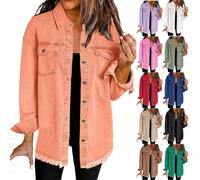 FNKDOR Women's Denim Jacket Oversized Button Down Casual Sleeve Boyfriend Jean Jackets Womens Washed Denim Shirt Jacket Long Frayed Hem Shacket Coats Long Women's Jacket Button Front Shirts