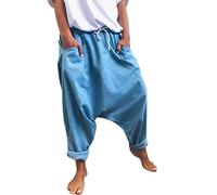 FNKDOR Womens Drop Crotch Harem Trousers Hop Joggers Laddin Style Casual Boho Beach Yoga Lightweight Trousers Baggy Wide Leg Pants Crotch Sweatpants with Pocket (A2-Blue, L)