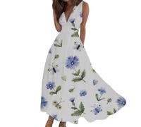 FNKDOR Women's Fashion Maxi Dresses Floral Boho Graphic Print Summer Dress for Women UK 2024 V Neck Sleeveless Cocktail Guest Dress Vacation A Line Pleated High Waist Wedding Sundress(F Blue,M)