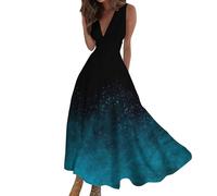 FNKDOR Women's Fashion Maxi Dresses Floral Boho Graphic Print Summer Dress for Women UK 2024 V Neck Sleeveless Cocktail Guest Dress Vacation A Line Pleated High Waist Wedding Sundress(H Blue,XL)