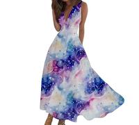 FNKDOR Women's Fashion Maxi Dresses Floral Boho Graphic Print Summer Dress for Women UK 2024 V Neck Sleeveless Cocktail Guest Dress Vacation A Line Pleated High Waist Wedding Sundress(A Blue,XL)