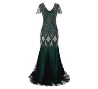 FNKDOR Women's Flapper Dresses 1920s Gown Prom Fancy Dress Costume Gatsby Womens Plus Size Cocktail Maxi Dress Vintage V Neck Beaded Sequin Mermaid Hem Formal Evening Party Gown(Green,XL)