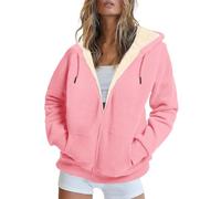 FNKDOR Women's Fleece Jackets Plus Size Full Zip Hooded Jacket for Women UK Winter Warm Solid Long Sleeve Teddy Fleece Hoodies Cardigan Slim Trench Coats Soft Outwear with Pocket(A2-Pink,L)