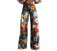 FNKDOR Women's Flower Print Flared Jeans Vintage Retro Pattern Palazzo Pants with Pockets Casual High Waisted Wide Leg Loose Fit Colorful Denim Pants Boho Trousers (A5-Yellow, XXXL)