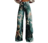 FNKDOR Women's Flower Print Flared Jeans Vintage Retro Pattern Palazzo Pants with Pockets Casual High Waisted Wide Leg Loose Fit Colorful Denim Pants Boho Trousers (A6-Blue, M)