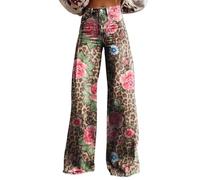FNKDOR Women's Flower Print Flared Jeans Vintage Retro Pattern Palazzo Pants with Pockets Casual High Waisted Wide Leg Loose Fit Colorful Denim Pants Boho Trousers (A1-Pink, S)