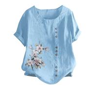 FNKDOR Women's Linen Blouses for Women UK Elegant Smart Summer Short Sleeve Linen Tops for Women Button Bagg Tunic Shirts Plus Size Ladies Floral Print Cotton Lagenlook Cheesecloth Tops
