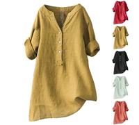 FNKDOR Women's Linen Shirt Short Sleeve Long Blouse Elegant Linen Tops for Women UK Summer Oversize Muslin Blouse Oversized Plus Size Tshirt Longshirt Chic Tops Trendy Rollable Sleeve Shirt