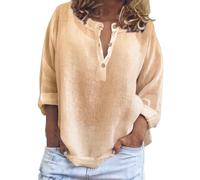 FNKDOR Women's Linen Shirts Roll-up Sleeve Loose fit Casual Summer Autumn Pullover Solid Color Rollable Sleeve Shirt Ladies V Neck Leisure Linenshirt (A3-Khaki, XL)