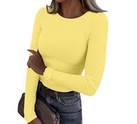 FNKDOR Womens Long Sleeve Stretch Crewneck Ribbed T-Shirt Elegant Solid Color Slim fit Classic Basic Top Cotton Stretch Soft Tee Shirt Plain Knit Going Out Sexy Tight T Shirts (A2-Yellow, M)