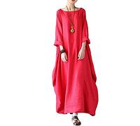 FNKDOR Women's Maxi Dress Long Hem Solid Color Plus Size Dress Crew Neck Loose Muslim Abaya for Women Dubai Middle East Arabian Robe Full Length Casual Long Sleeve Dress with Pocket(A1 Red,XL)