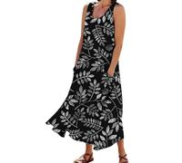 FNKDOR Women's Oversized Cotton Simple Floral Graphic Printed Maxi Dress Sleeveless Round Neck Tank Top Dress with Pocket Beach Plus Size Sundress Slim Fit High Waist Long Dress(E AG,3XL)