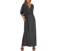 FNKDOR Women's Oversized Solid Color High Waisted Split Maxi Tunic Dresses for Women UK Plus Size Side Split Guest Dress Deep V Neck 3/4 Sleeve Long Dress Ladies Breathable Sundress(Dark Gray,5XL)