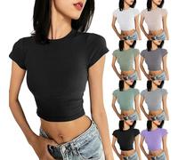 FNKDOR Women's Ribbed Crop Top Short Sleeve Baby Tee Sexy Basic Tee Cute Tops Y2K Top T-Shirts Girl Summer Crew Neck Slim Fit Yoga Cropped Tshirt Clothes Fashion 2025 Streetwear (Black, M)