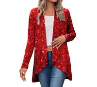 FNKDOR Women's Sequin Cardigan for Women Long Sparkle Lightweight Long Sleeve Cardigans Casual Party Cocktail Clubwear Cover Up Glitter Shrug Silver Sequin Jacket (Red, XXXL)