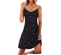 FNKDOR Women's Sexy Glitter Dresses Midi Dress Womens V Neck Spaghetti Strap Dresses Going Out Cocktail Party Sparkly Casual Holiday Sequin Plus Size Beach Sleeveless Day Dresses for Women(Black,M)