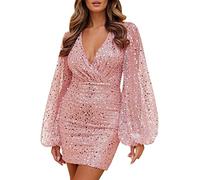 FNKDOR Women's Sexy Mini Sequin Dress Wrap Bodycon V Neck Ruched Spaghetti Straps Glitter Dress Cocktail Party Night Club Sparkly Short Dresses Ruffled Dresses for Women Formal(A1-Pink,XL)