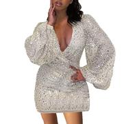 FNKDOR Women's Sexy Mini Sequin Dress Wrap Bodycon V Neck Ruched Spaghetti Straps Glitter Dress Cocktail Party Night Club Sparkly Short Dresses Ruffled Dresses for Women Formal(A2-White,M)