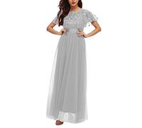 FNKDOR Women's Short Sleeve Embroidery Empire Waist Mesh Splicing Maxi Gown A Line Floor Length Long Formal Evening Party Dresses Ladies Elegant Sequin Glitter Sparkly Dresses(Grey,XL)